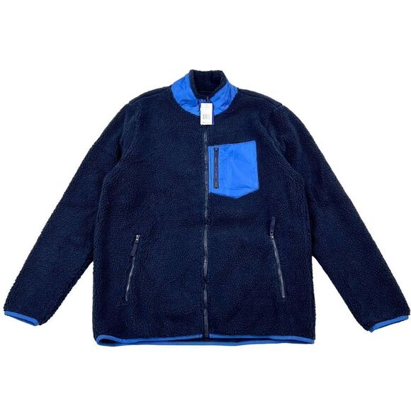 New Pacific & Park Men Navy Teddy Full Zip Jacket Colorblocker Pocket US XL - Picture 1 of 12